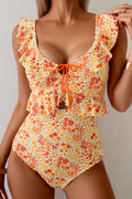 Orange Ruffled Trim Keyhole Accent Floral One Piece Swimsuit