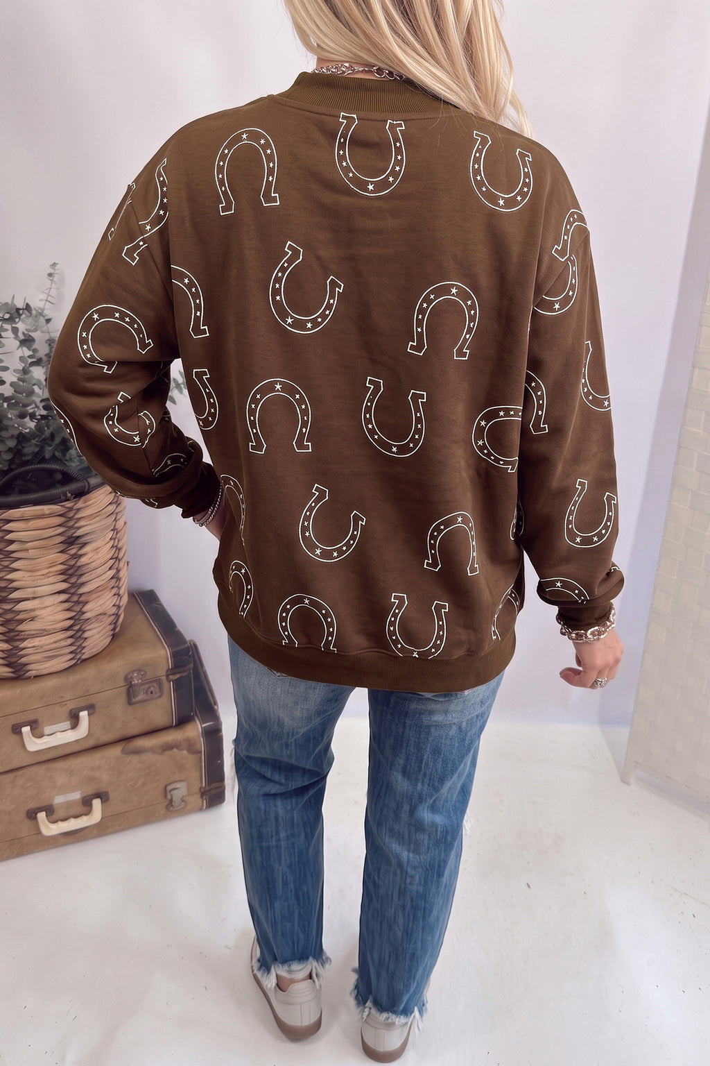 Western Horseshoe Print Mock Neck Sweatshirt