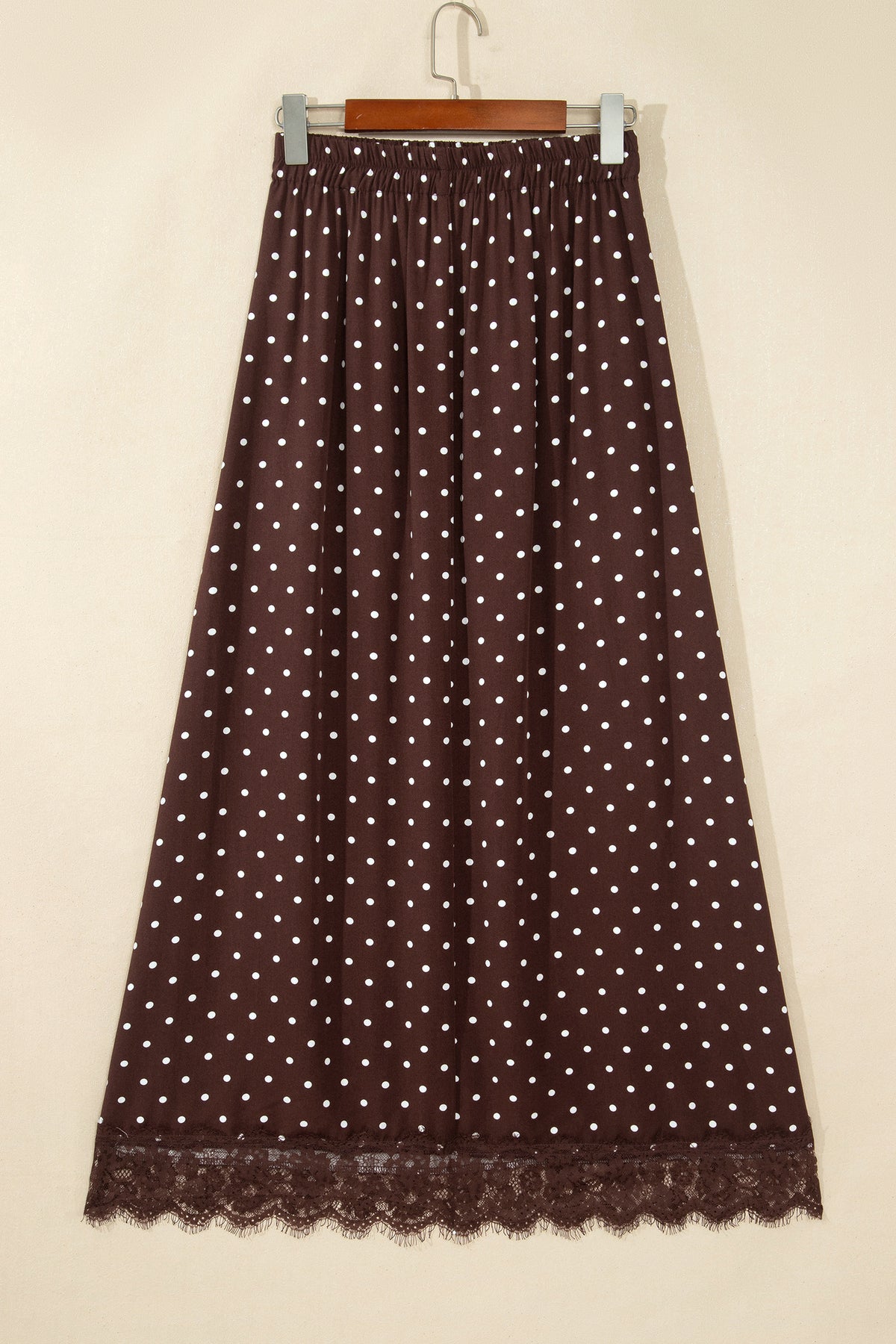 Khaki Polka Dot Lace Hem Elegant Long Shift Skirt
