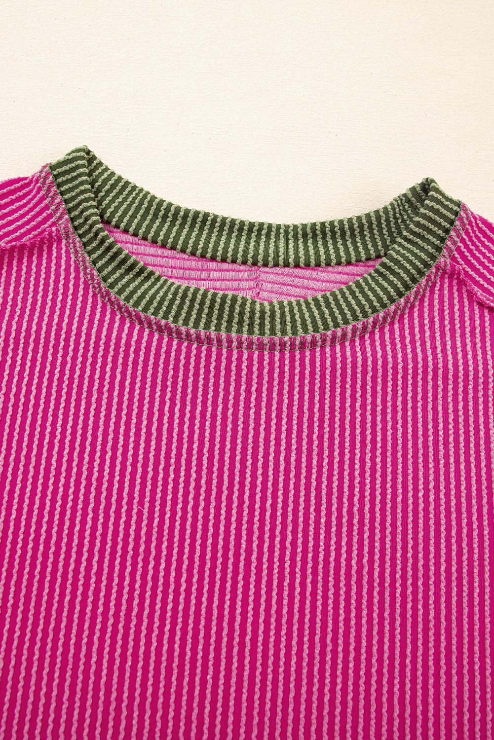 Rose Red Textured Contrast Trim Round Neck T Shirt