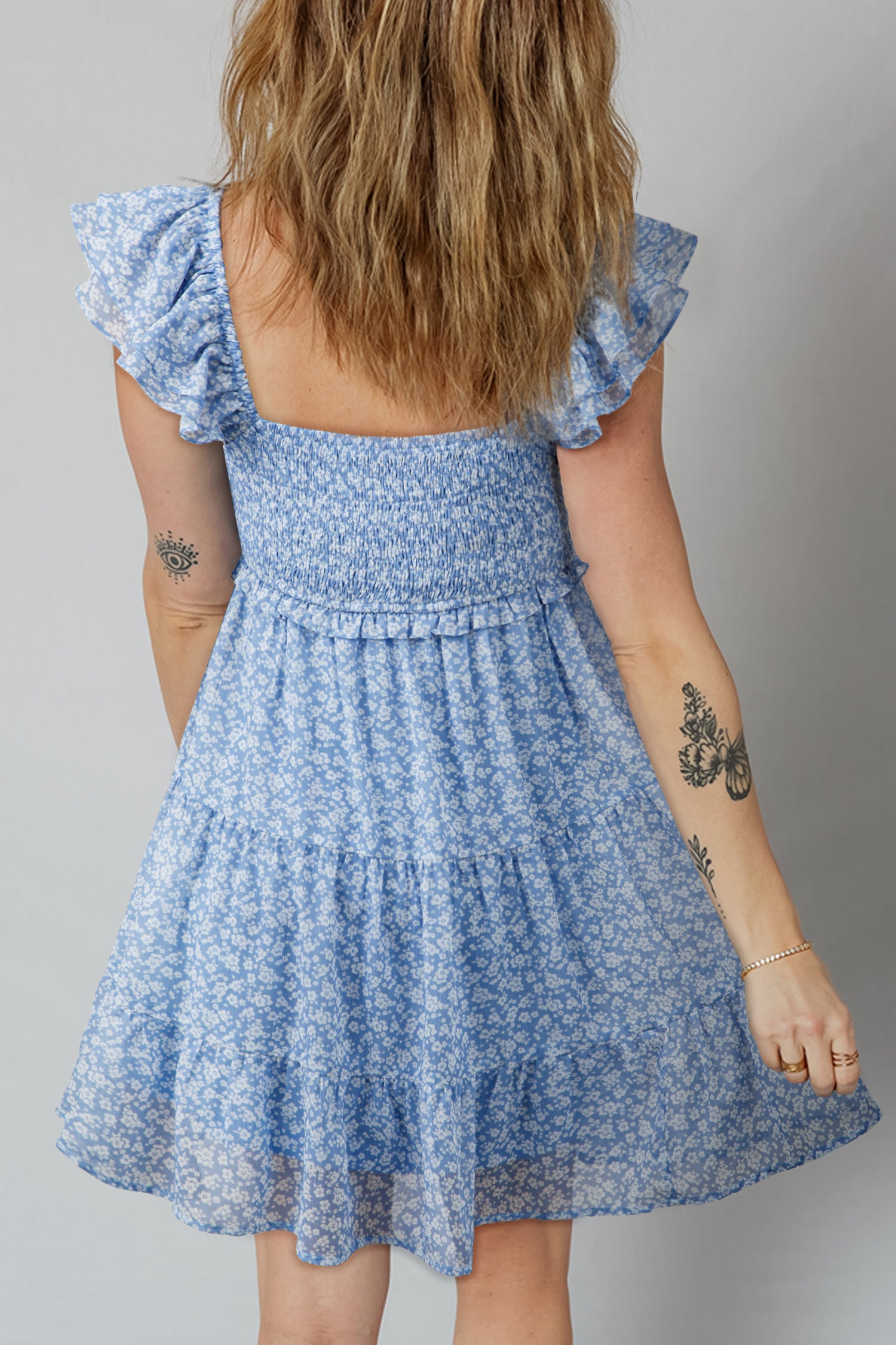 smocked tiered mini dress Smocked Square Neck Tiered Mini Dress Light Blue / L