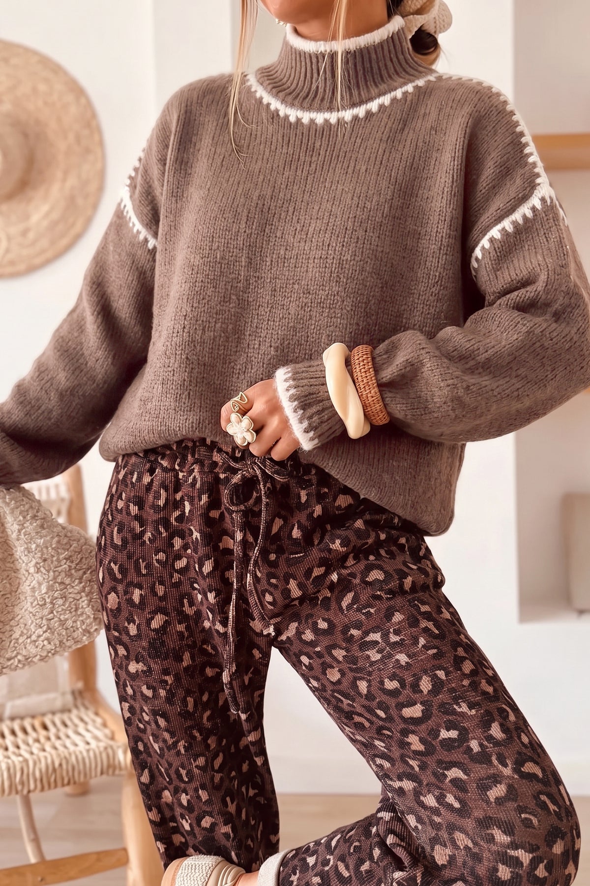 Contrast Trim Mock Neck Relaxed Sweater