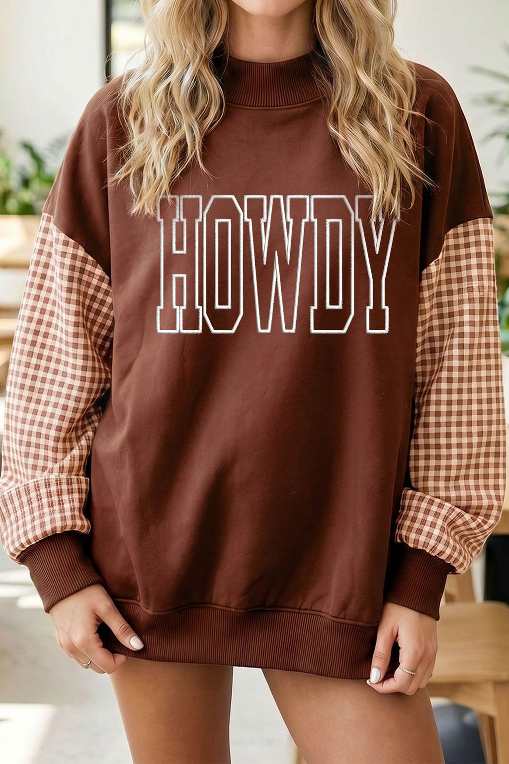 Coffee Contrast Plaid Sleeve HOWDY Embroidered Letter Graphic Mock Neck Sweatshirt