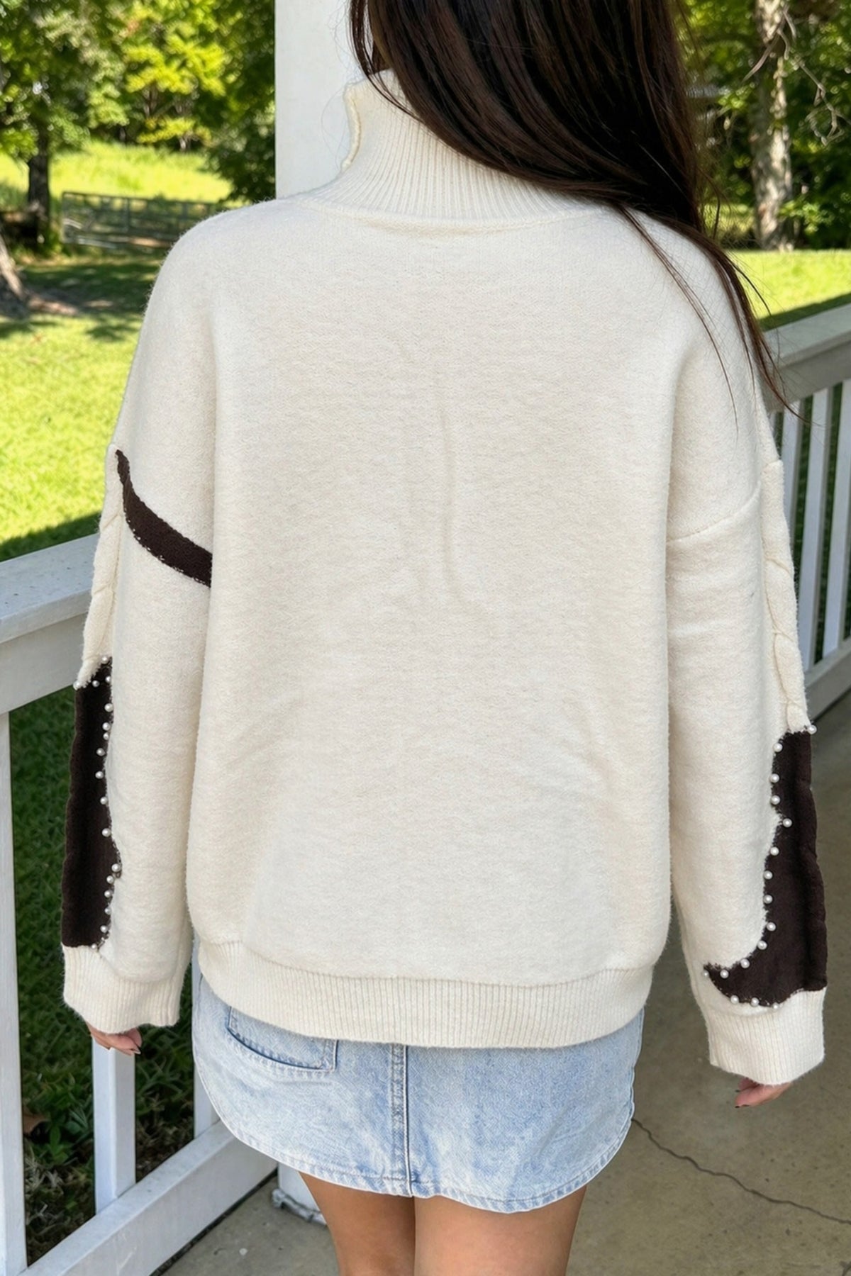 Beige Beaded Cow Print Cable Knit Mock Neck Sweater