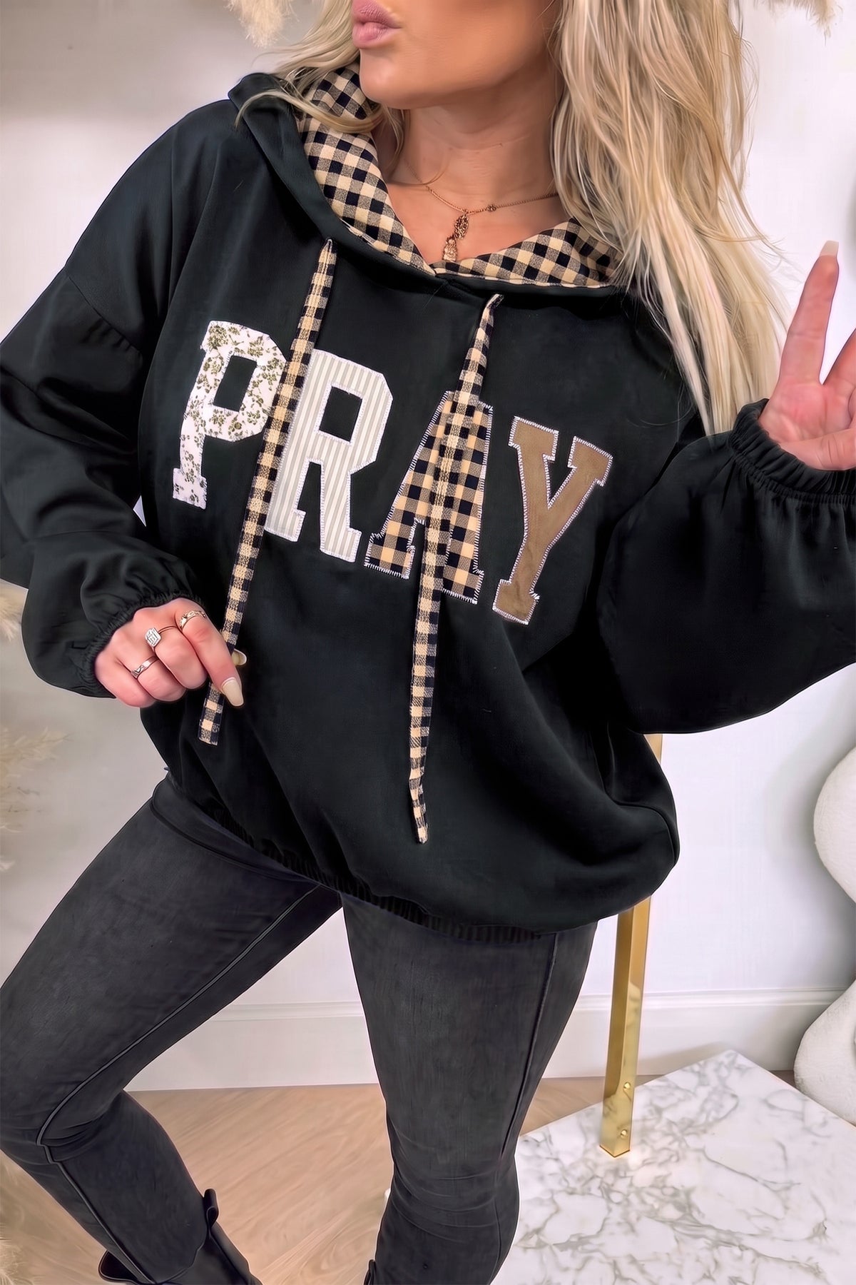 Light Grey PRAY Mix Pattern Letter Graphic Plaid Contrast Drawstring Hoodie