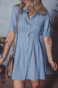 Myosotis Denim Pleated Slim Waist Short Sleeve Shirt Dress