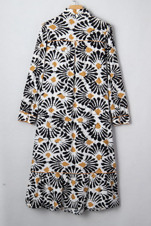 Black Abstract Floral Print Split V Neck Long Dress with Sleeves
