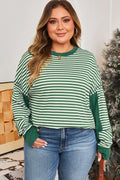 Green Stripe Exposed Seam Patchwork Plus Size Thermal Top