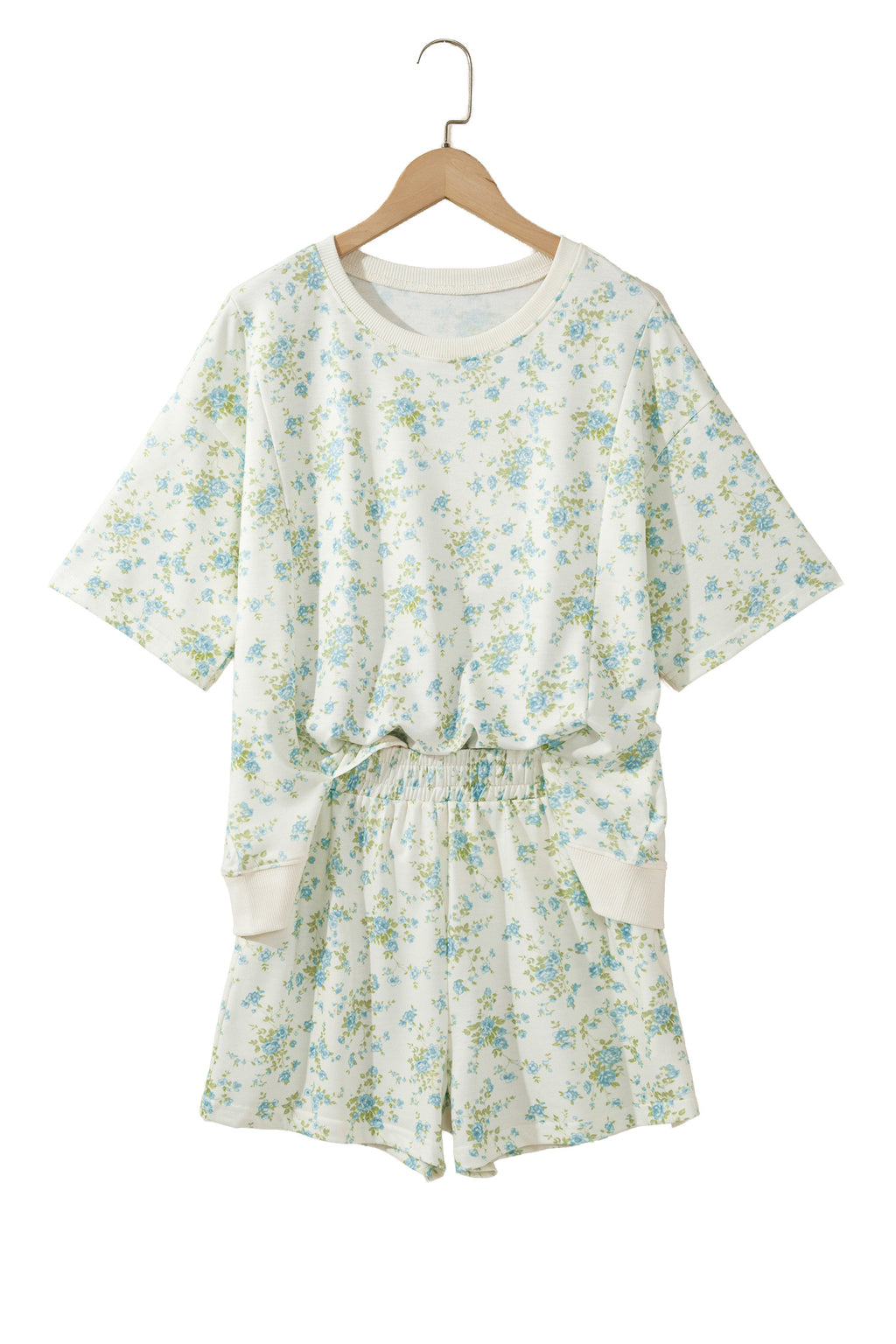 Sky Blue Floral Print Short Sleeve Elastic Waist Pocket Two Piece Set
