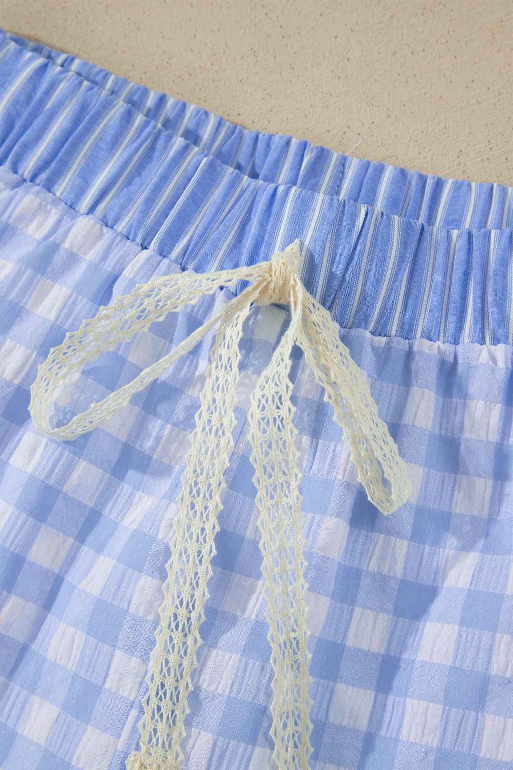 Pink Gingham Print Ruffle Striped Detail Lace Tie Shorts