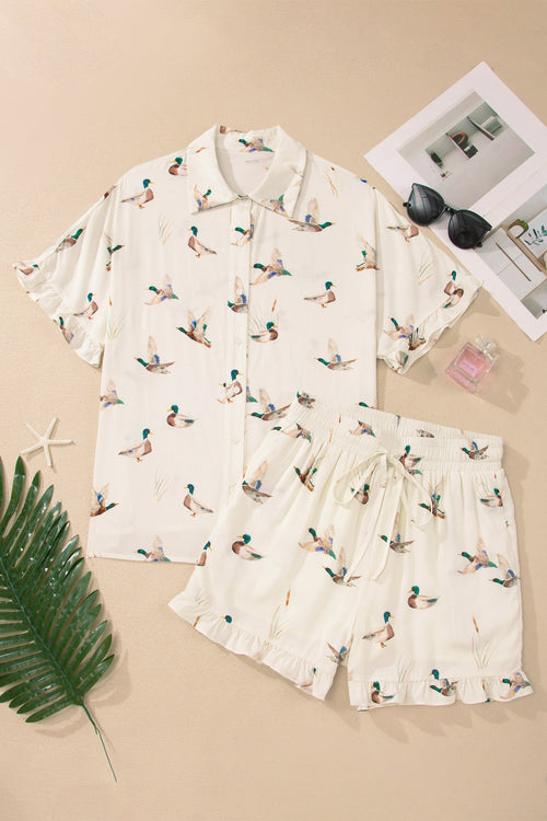 Beige Mallard Print Shirt Style Short Two Piece Set