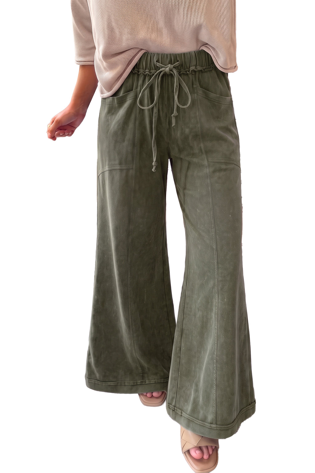 Jungle Green Mineral Wash Seam Detail Flare Leg Drawstring Pants