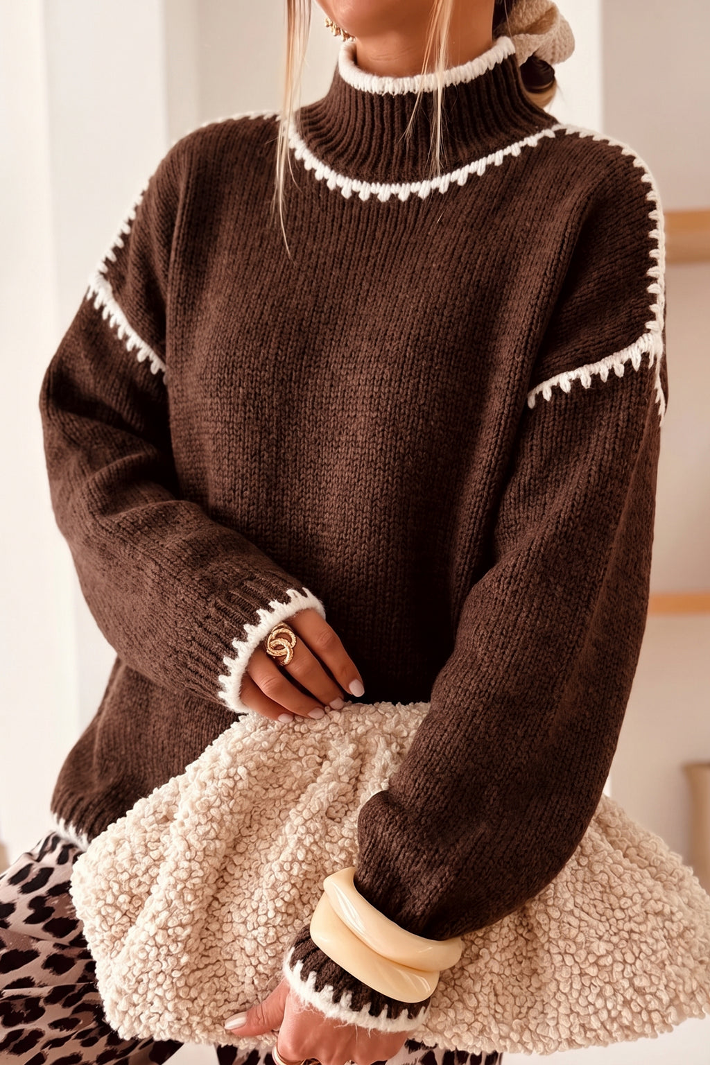 Contrast Trim Mock Neck Relaxed Sweater