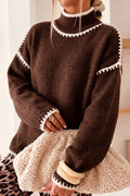 Contrast Trim Mock Neck Relaxed Sweater