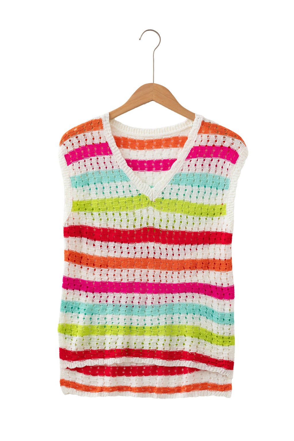 Multicolour Striped Eyelet Knit V Neck Sweater Tee