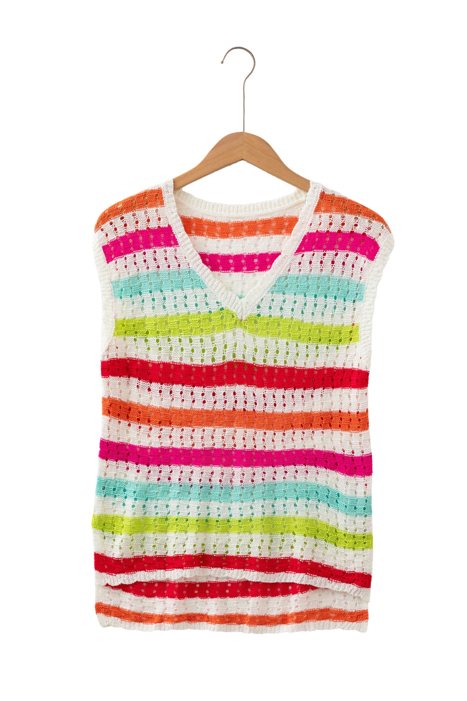 Multicolour Striped Eyelet Knit V Neck Sweater Tee