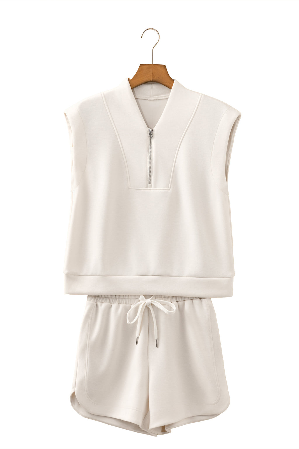 Smoke Green Quarter Zip Sleeveless Top Drawstring Shorts Casual 2pcs Outfit