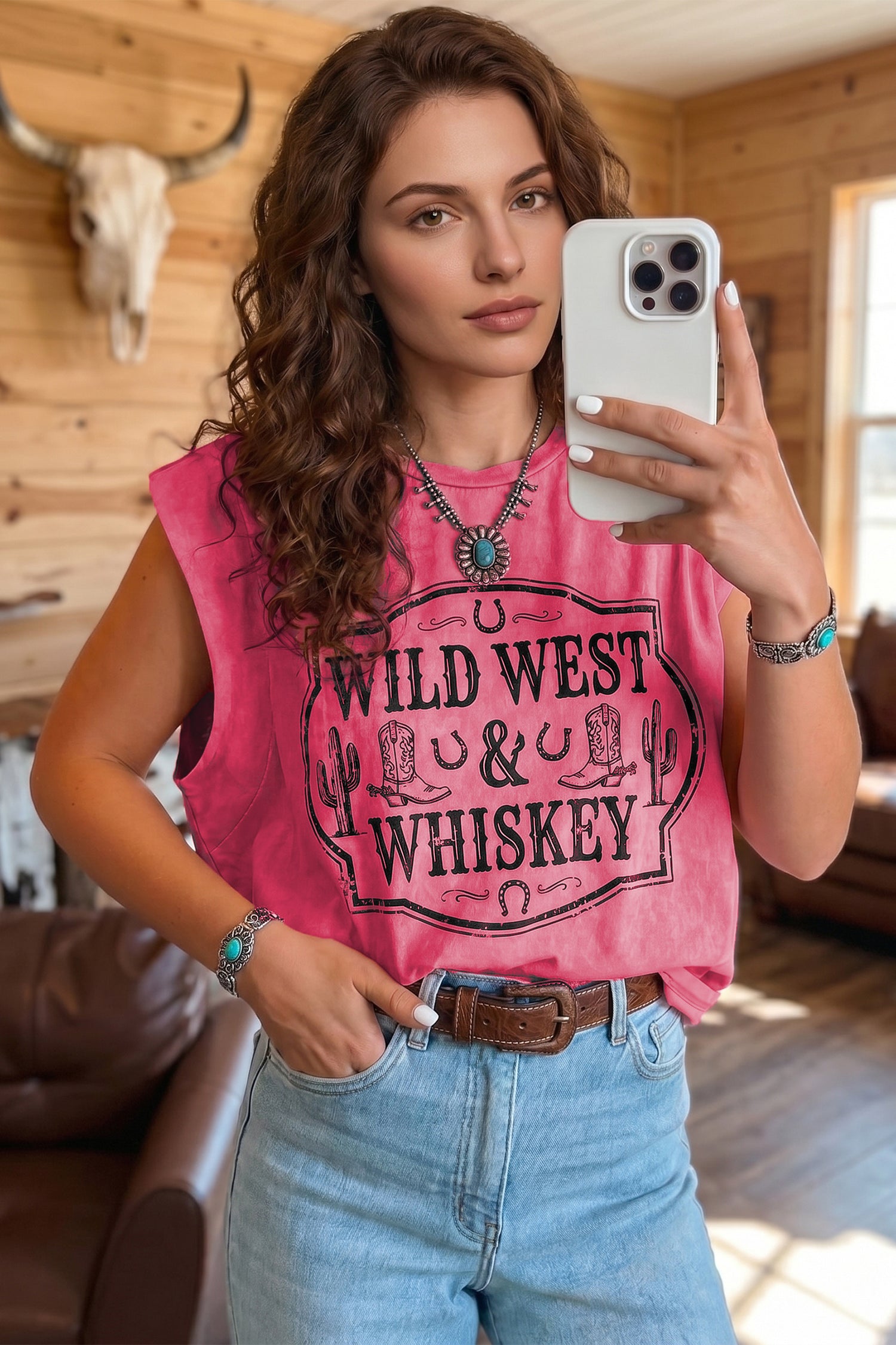 Wild West Whiskey Print Sleeveless Muscle Top