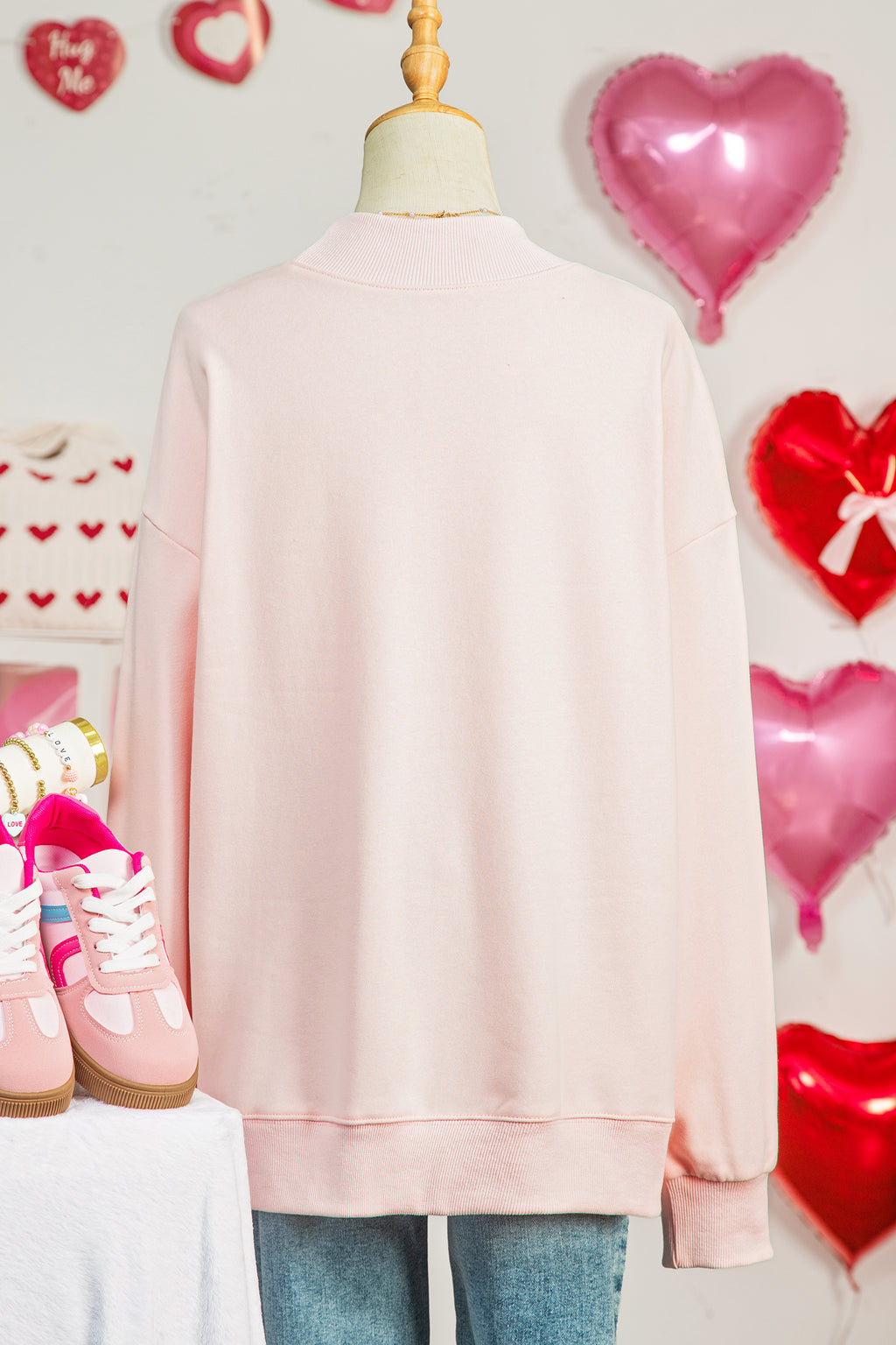Apricot Pink Valentines Bow Heart Embroidered Mock Neck Sweatshirt