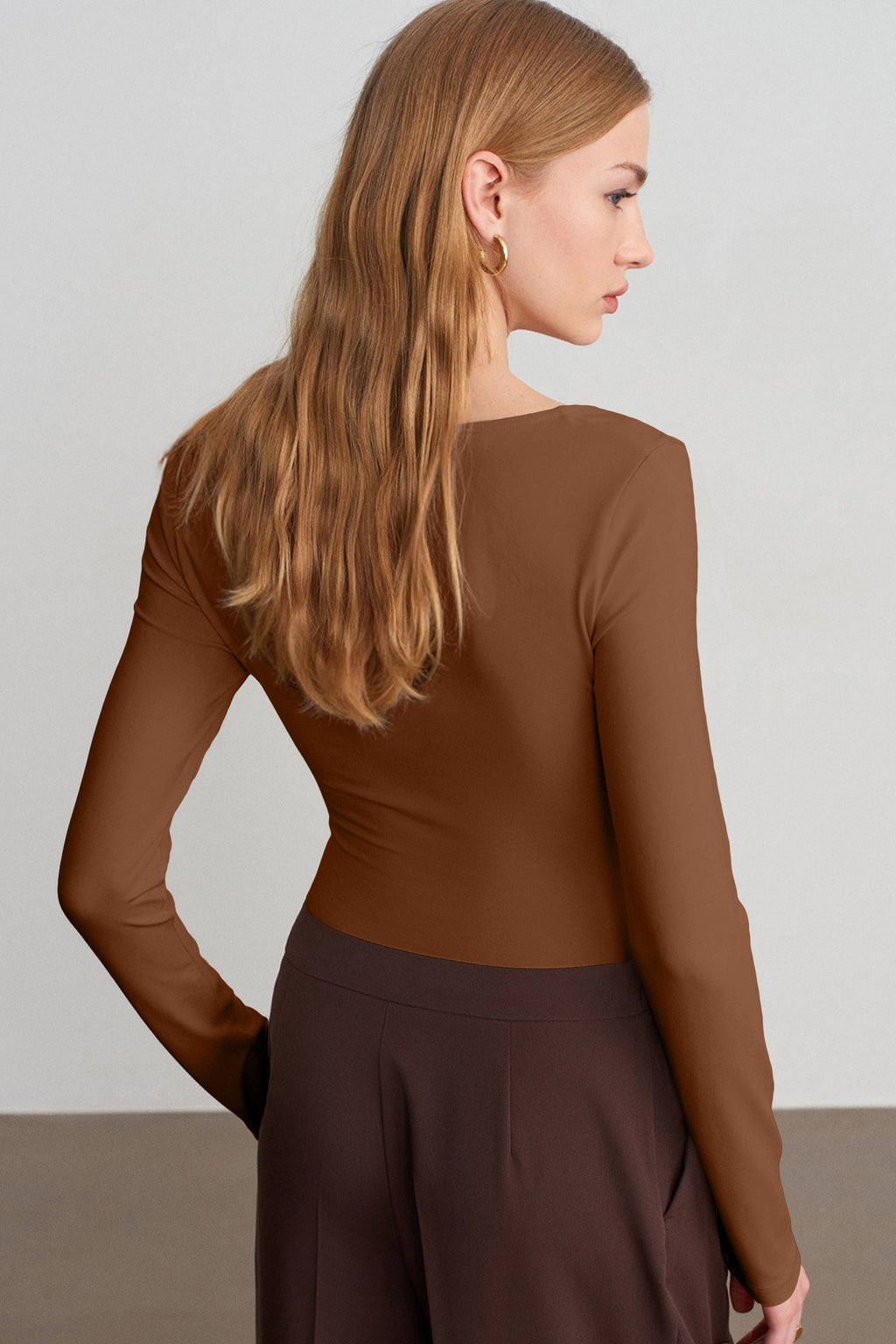 Slim-Fit V-Neck Long-Sleeve Top with Built-In Bra