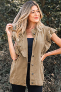 Pale Khaki Ruffled Patchwork Denim Jacket Vest