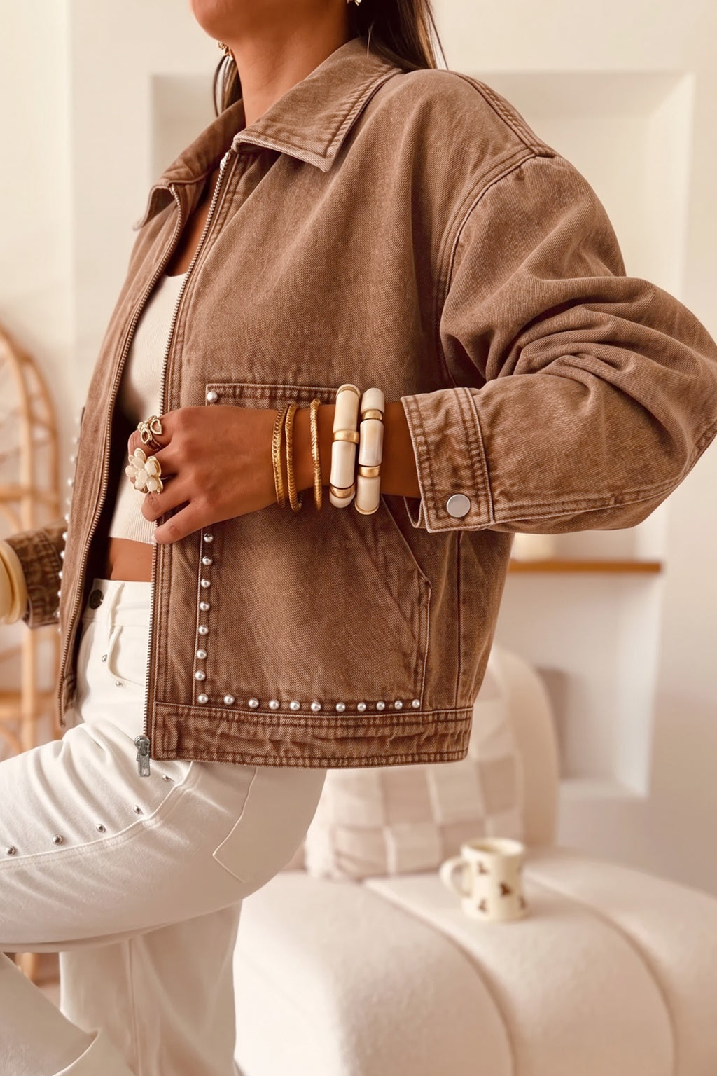 Studded Zip-Up Denim Jacket with Rivet Pockets