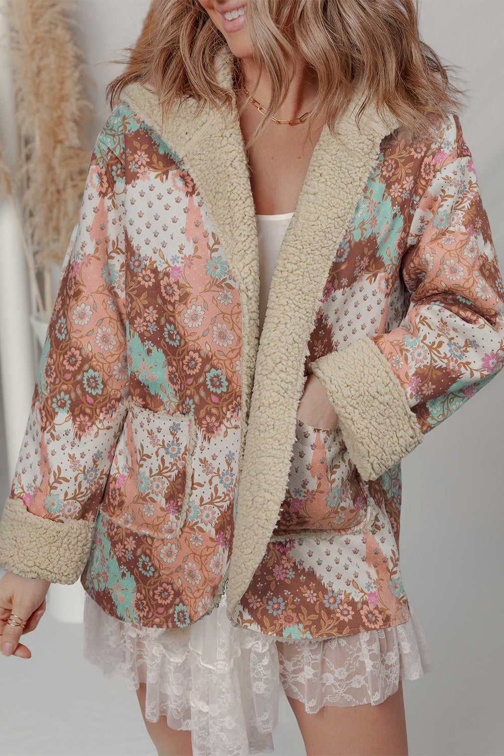 Khaki Vintage Floral Printed Sherpa Lined Hooded Jacket