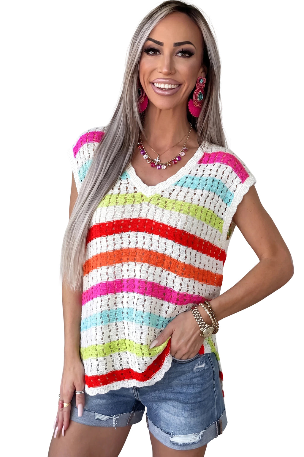 Multicolour Striped Eyelet Knit V Neck Sweater Tee