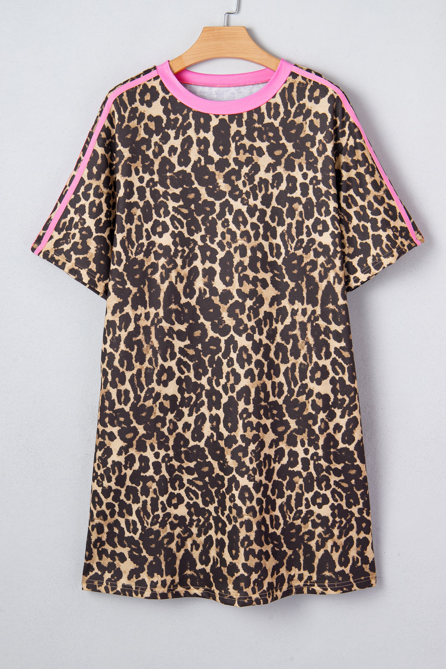 Apricot Leopard Print Contrast Varsity Striped Detail Loose T Shirt Dress