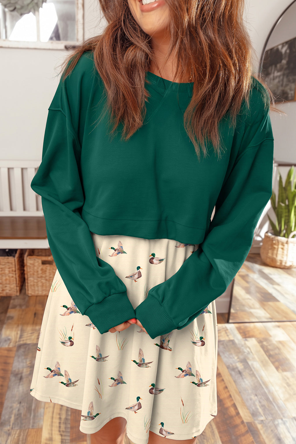 Mallard Print 2-in-1 Long-Sleeve Mini Dress