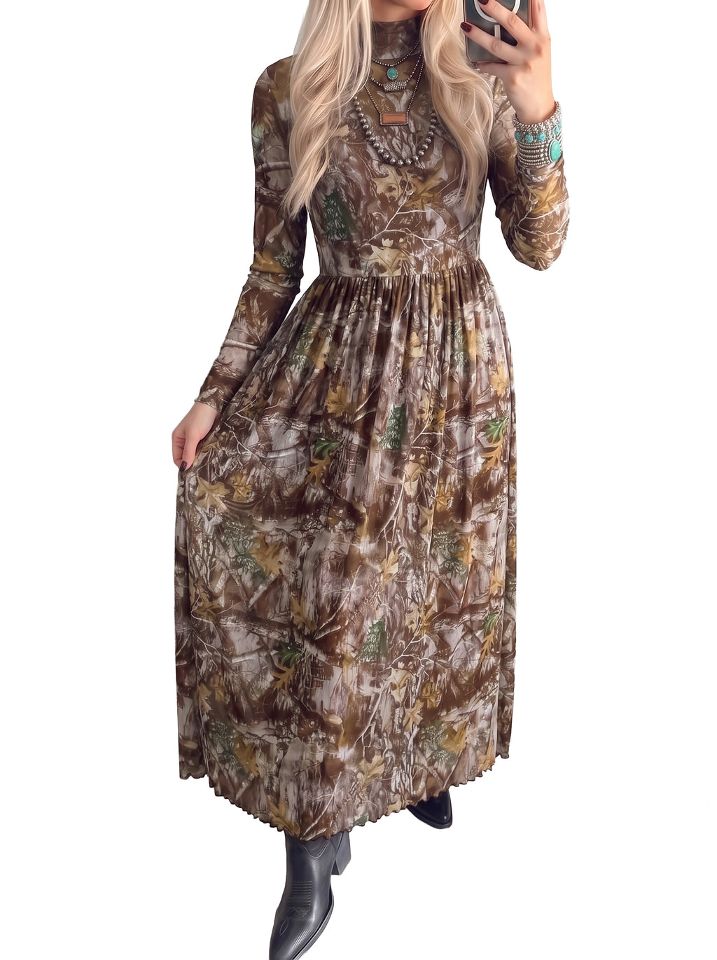Brown Woodland Camo Mock Neck Long-Sleeve Mesh Maxi Dress