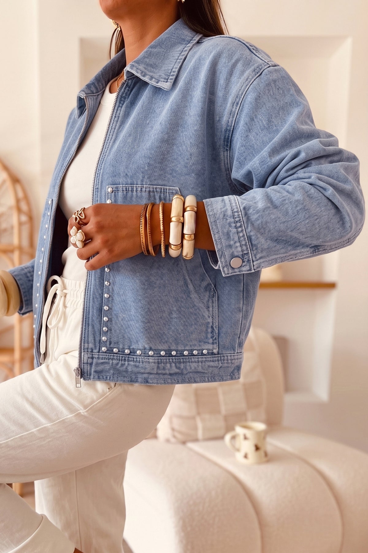 Studded Zip-Up Denim Jacket with Rivet Pockets