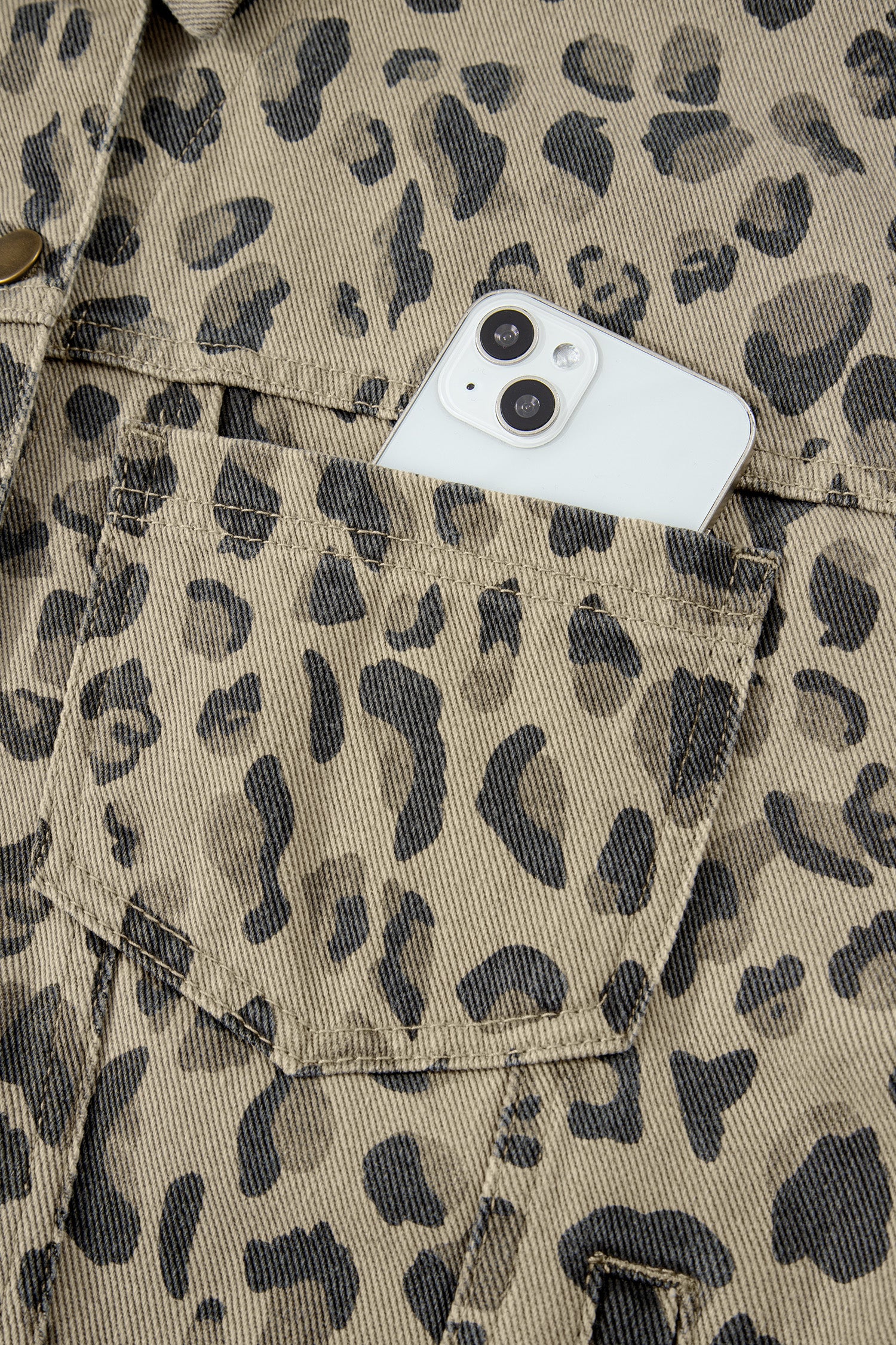 Khaki Retro Leopard Print Seam Detail Button Down Denim Jacket