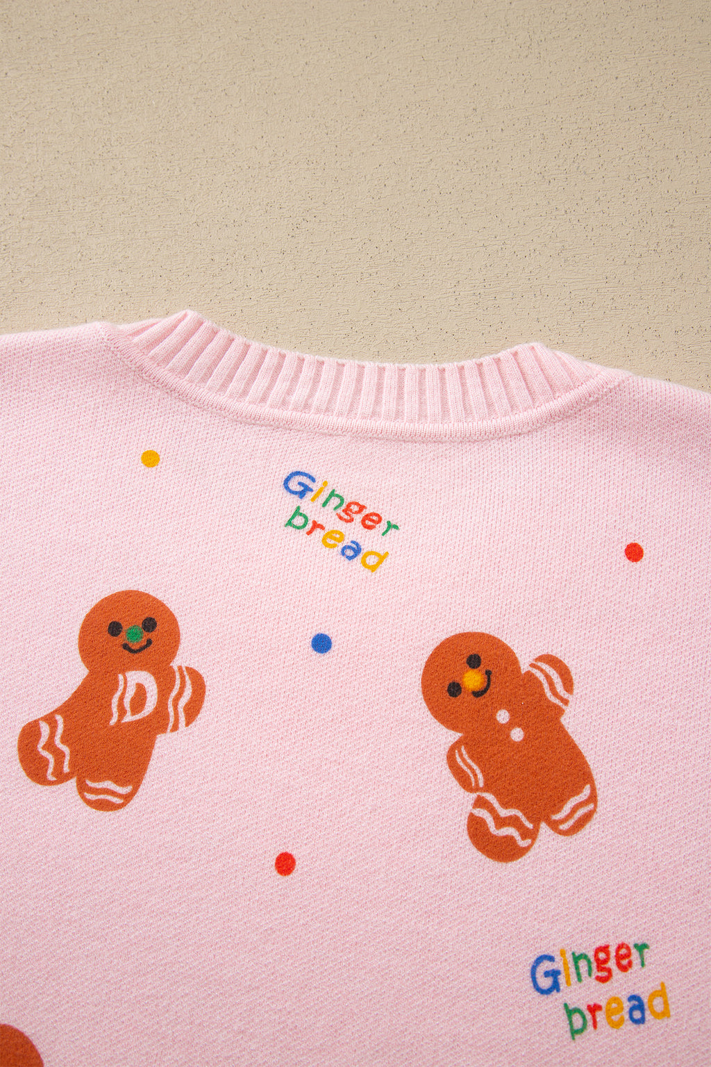 Pink Festive Gingerbread Pattern Long Sleeve Round Neck Sweater