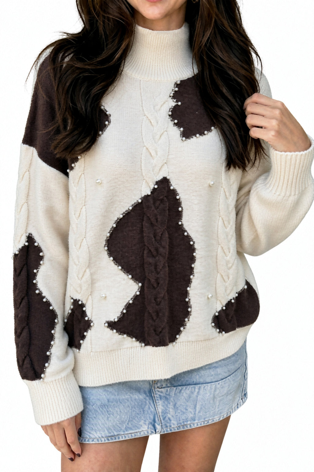 Beige Beaded Cow Print Cable Knit Mock Neck Sweater