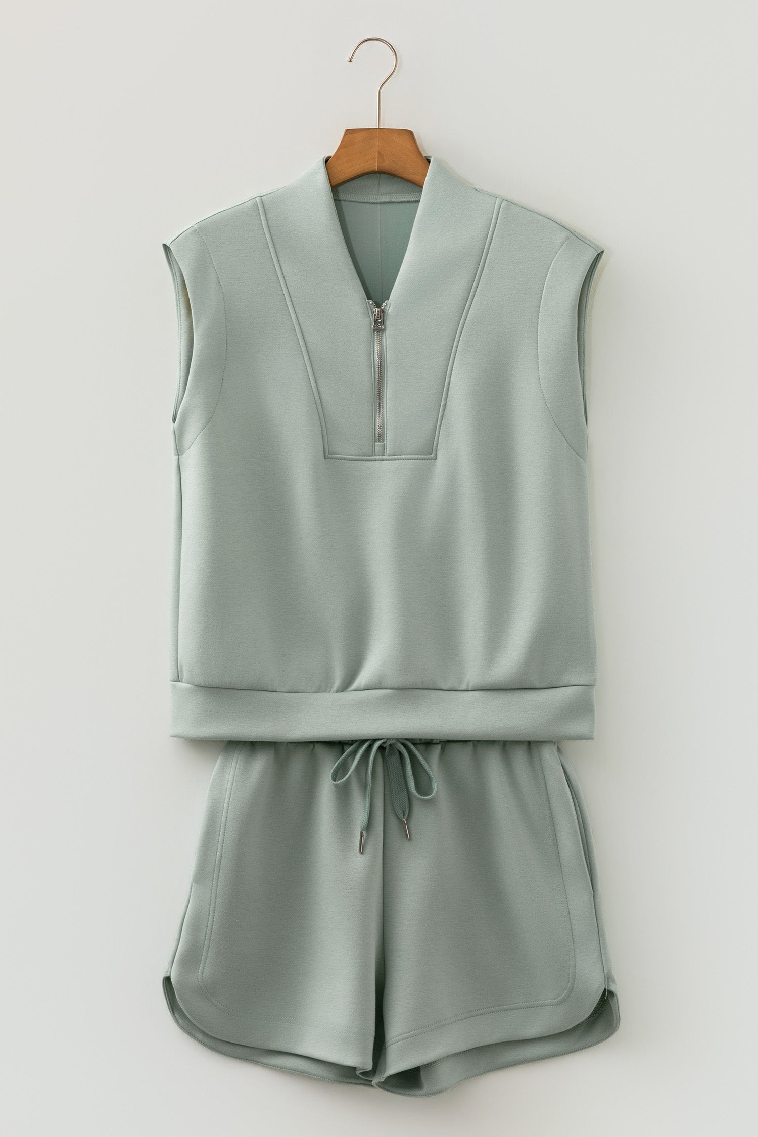 Smoke Green Quarter Zip Sleeveless Top Drawstring Shorts Casual 2pcs Outfit