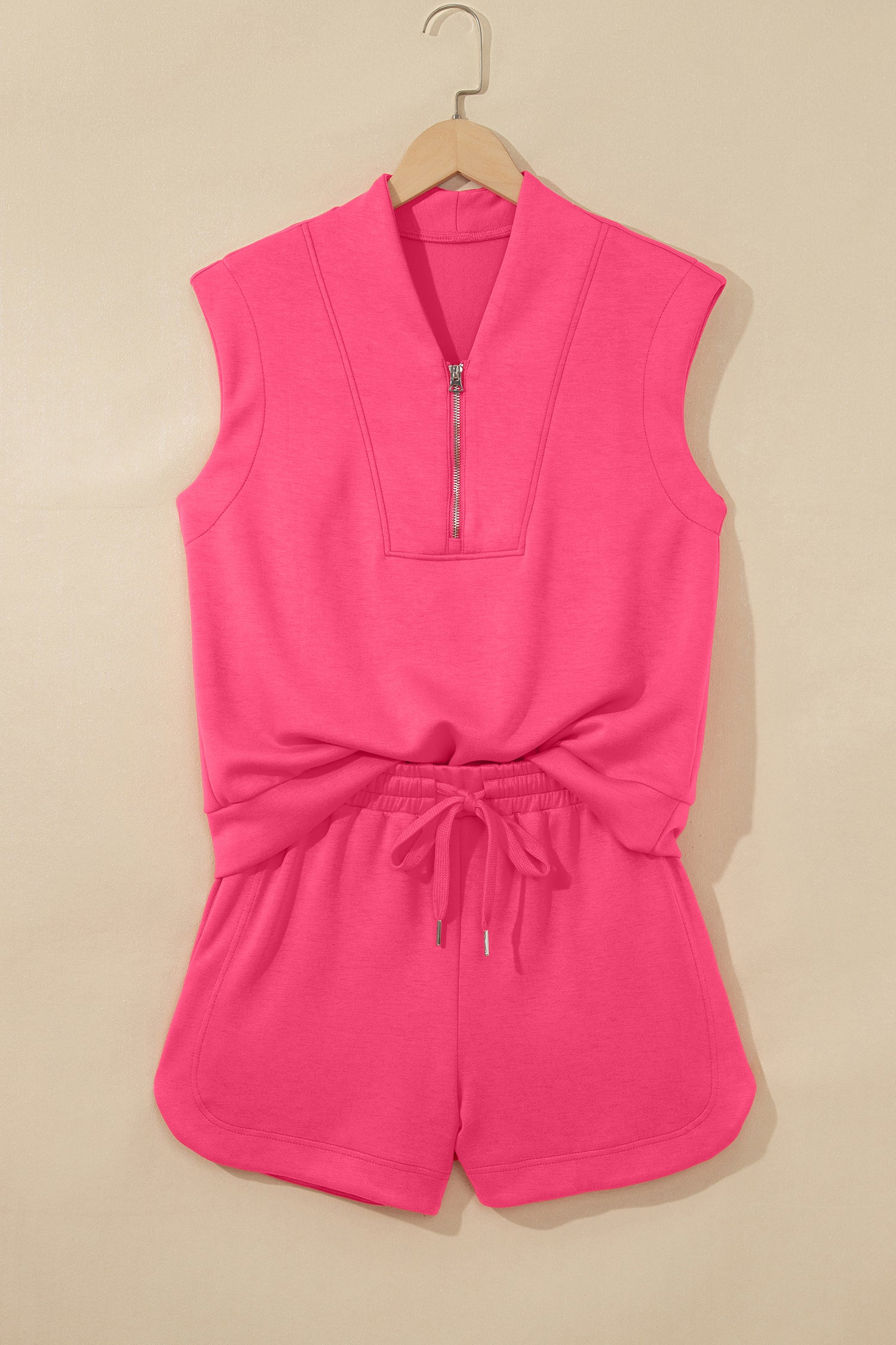 Smoke Green Quarter Zip Sleeveless Top Drawstring Shorts Casual 2pcs Outfit