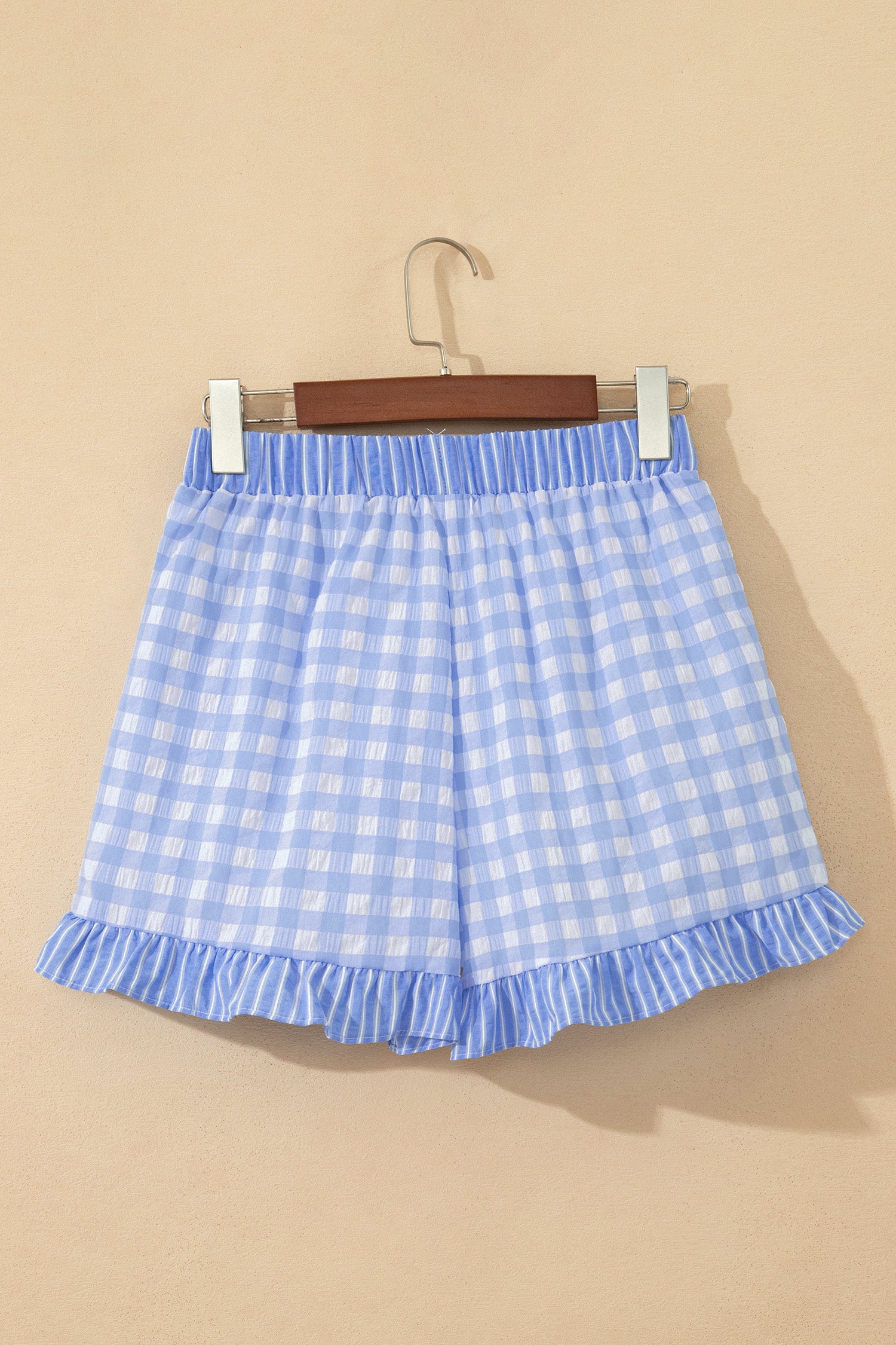 Pink Gingham Print Ruffle Striped Detail Lace Tie Shorts
