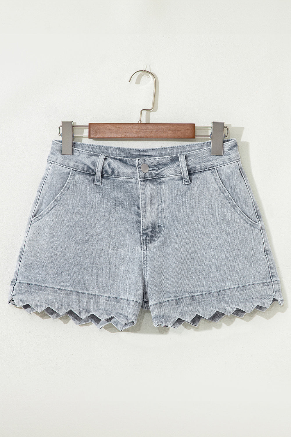 Dusk Blue Scalloped Hemline Acid Wash High Waist Denim Shorts