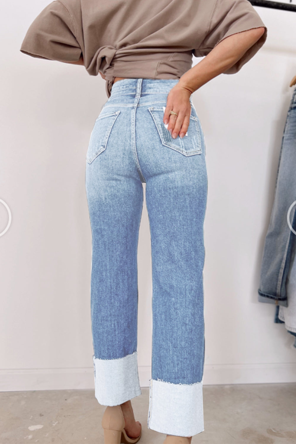 Sky Blue High Waist Distressed Straight Leg Jeans