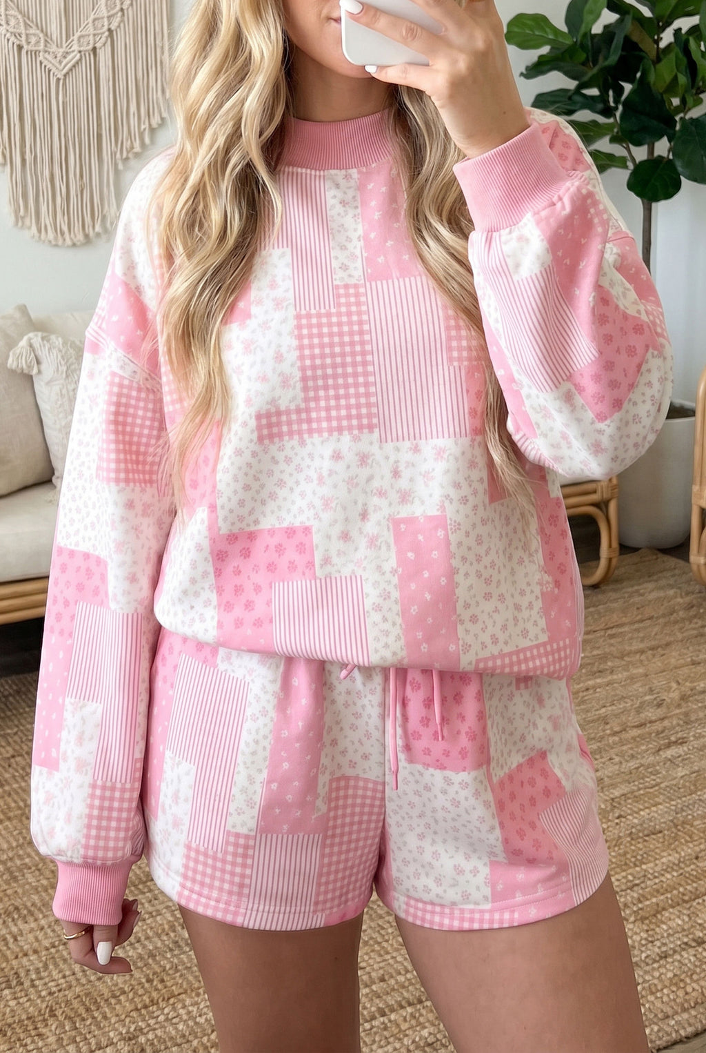 Green Patchwork Floral Print Drop Shoulder Baggy Pullover Drawstring Shorts Set