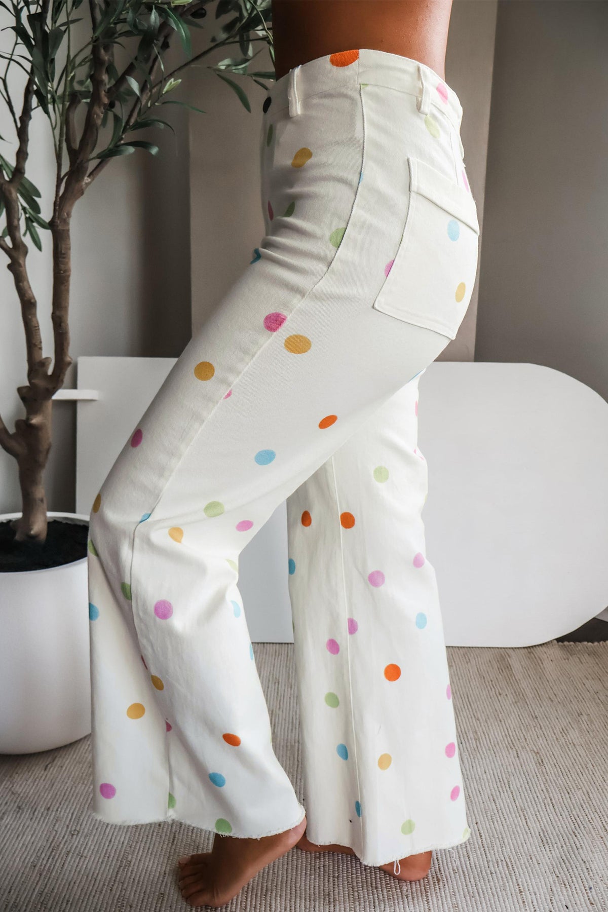 White Polka Dot High-Rise Straight-Leg Jeans