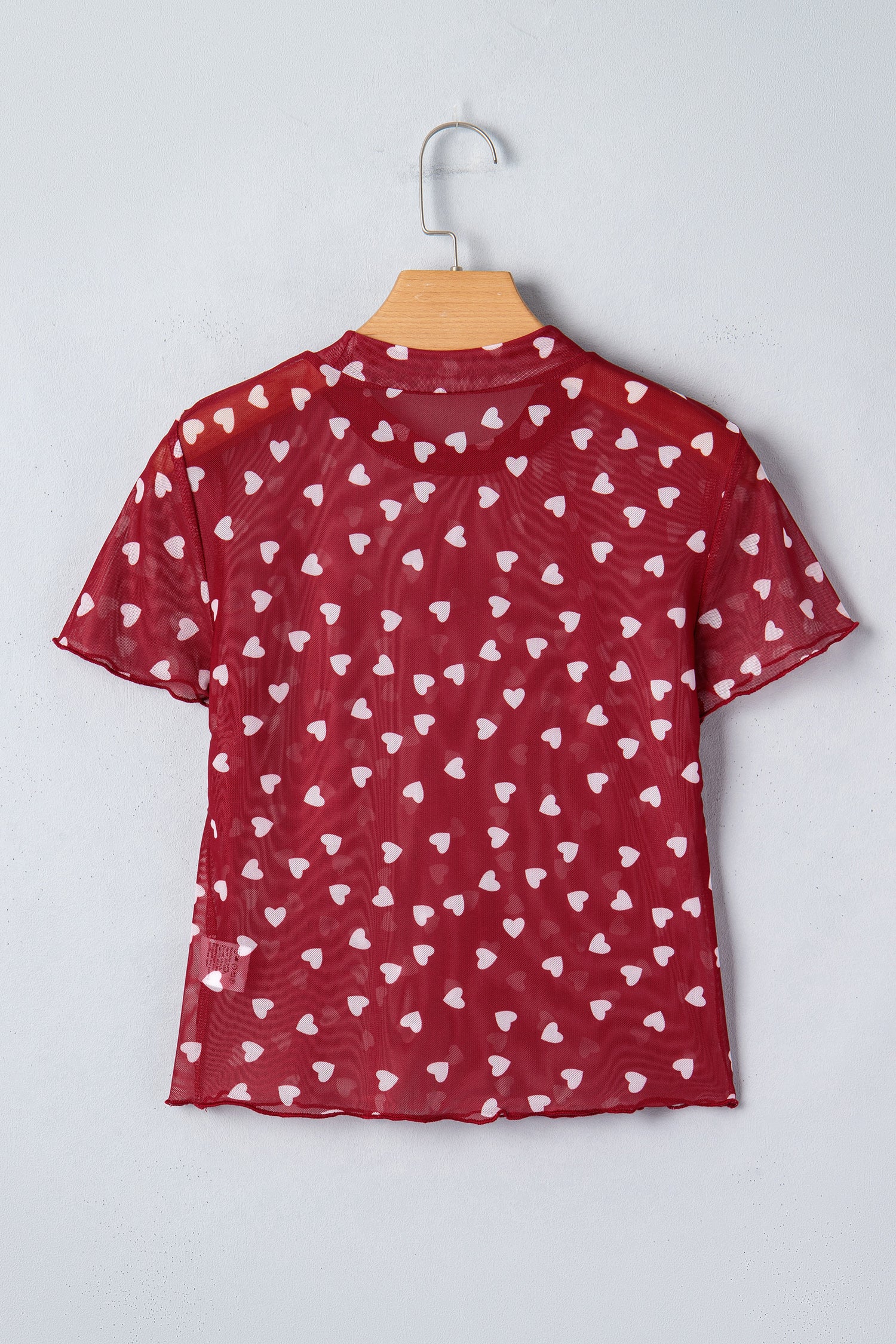 Racing Red Allover Heart Print Mesh Short Sleeve Top
