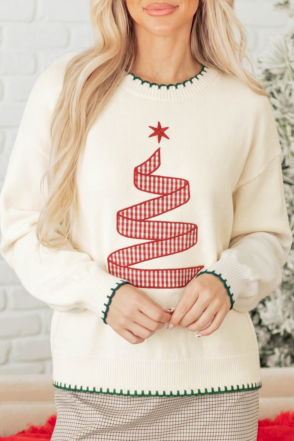 Racing Red Stitched Detail Christmas Tree Holiday Casual Sweater
