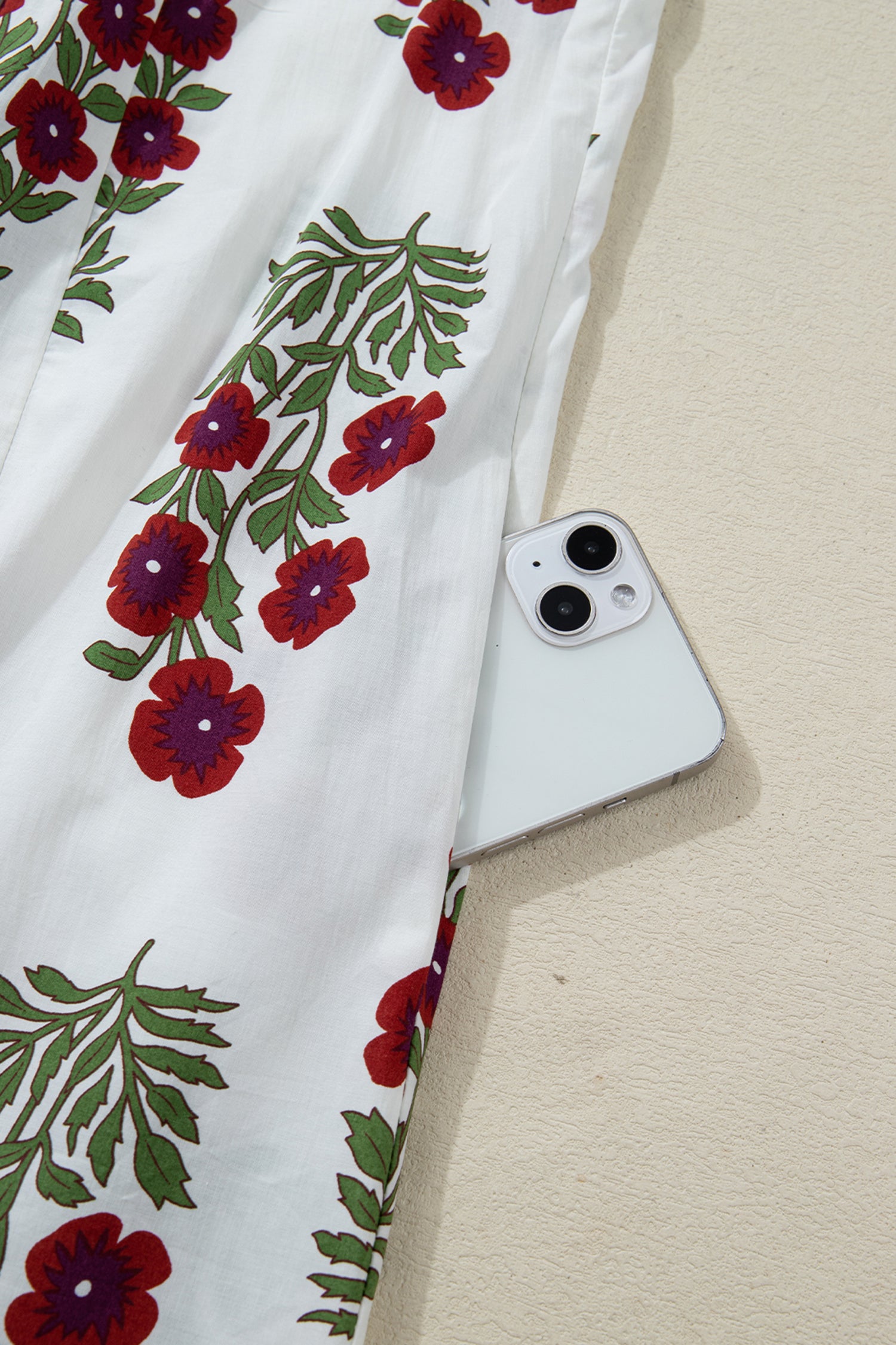 White Frilled V Neck 3/4 Sleeve Loose Floral Dress