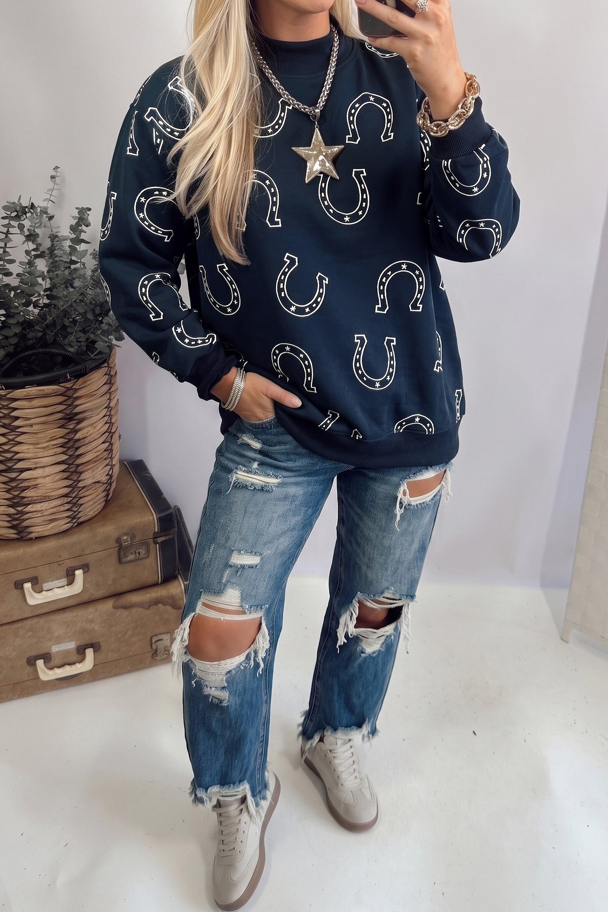 Western Horseshoe Print Mock Neck Sweatshirt