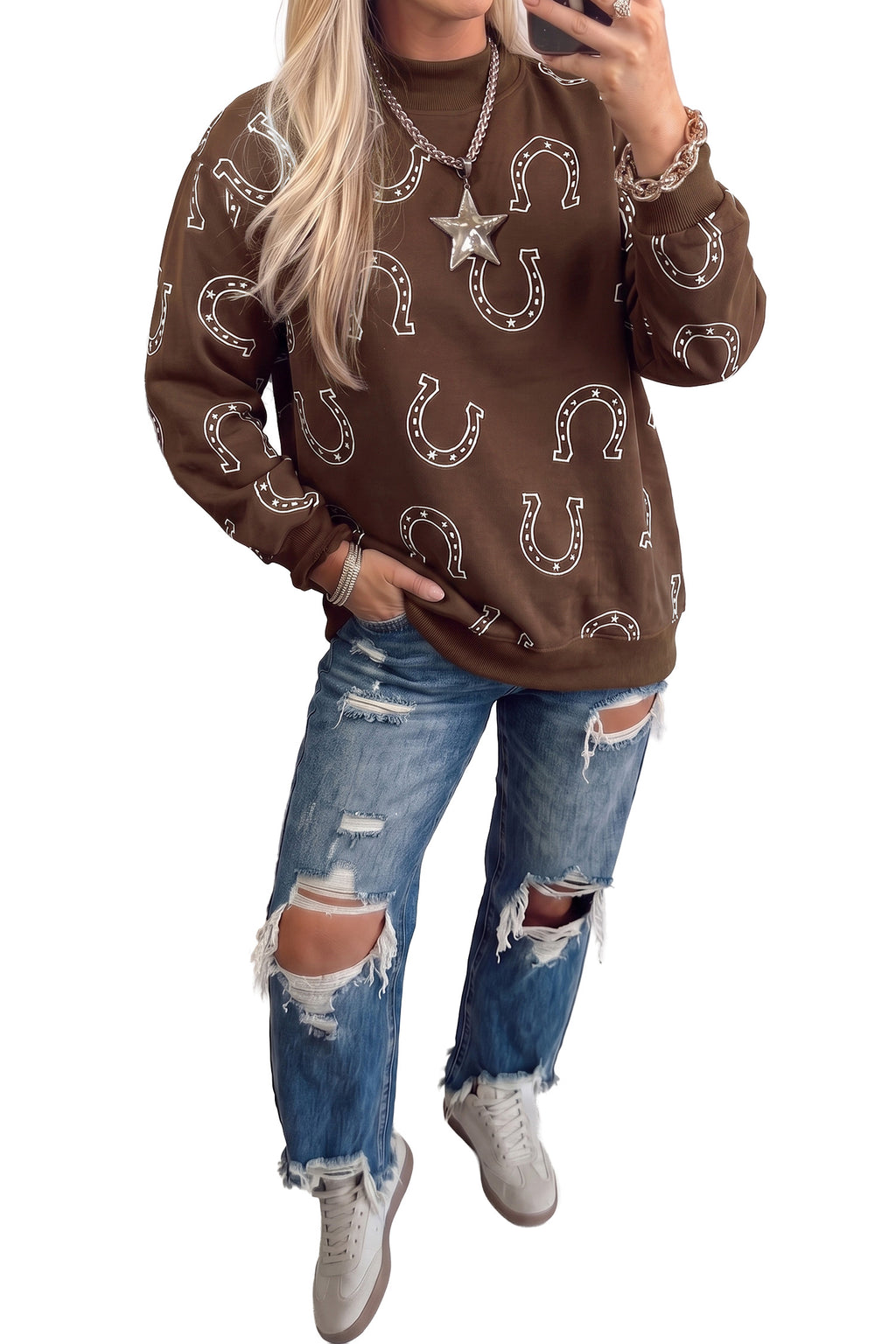 Western Horseshoe Print Mock Neck Sweatshirt
