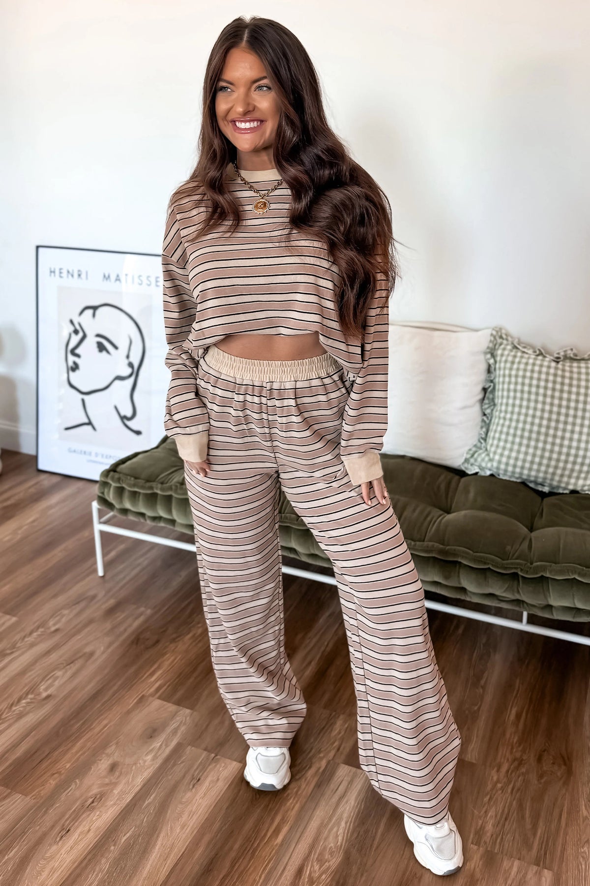 Khaki Striped Long-Sleeve Top & Wide-Leg Pants Lounge Set