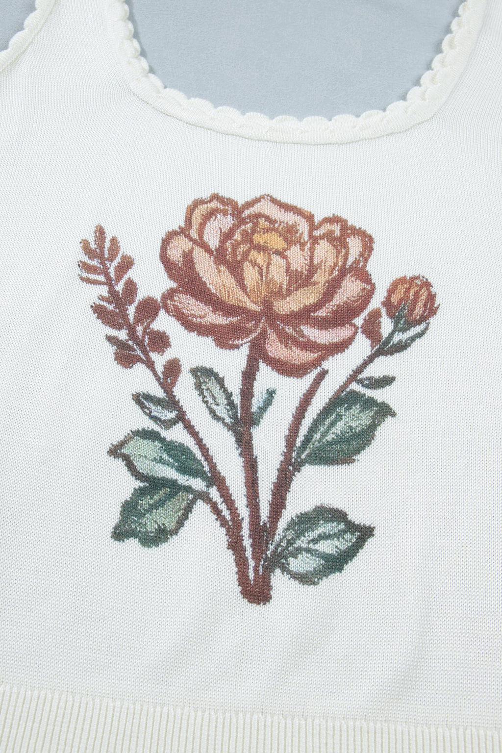 White Plus Size Floral Print Scalloped Trim Square Neck Sweater Vest