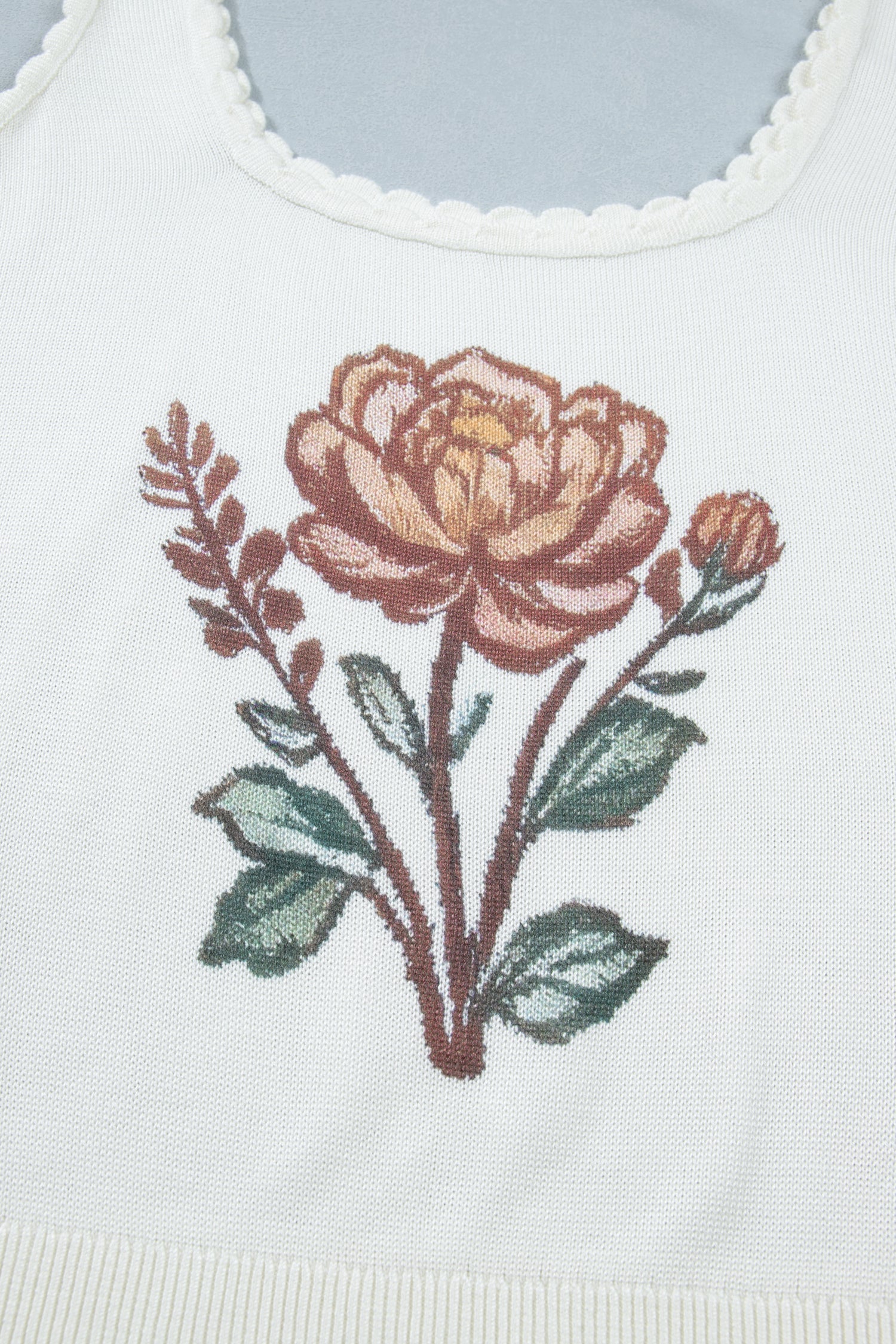 White Plus Size Floral Print Scalloped Trim Square Neck Sweater Vest